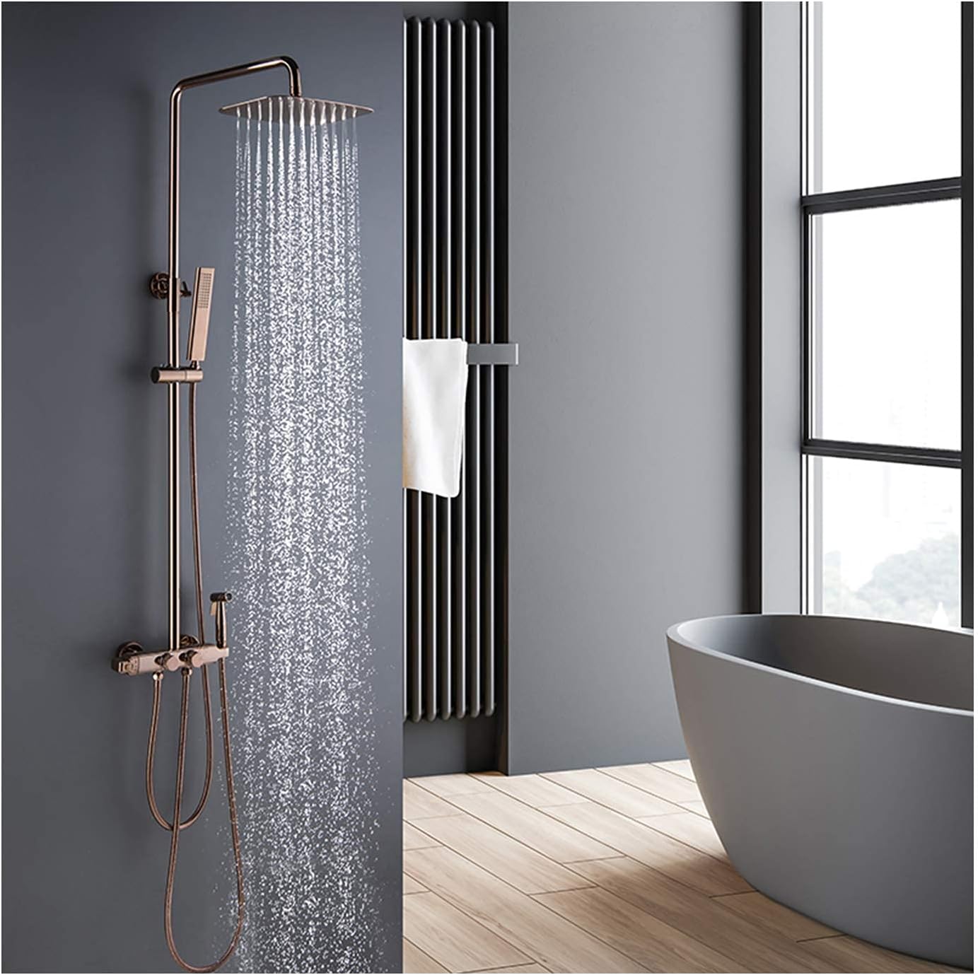 LUNEZY Thermostatic Shower Combo Set Wall Mounted Rose Gold Bathroom Shower Faucet Set with Rainfall Shower Head, Handheld Shower, Bathtub Faucet, Bidet Spray