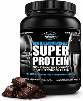 Fortifeye Super New Zealand Grass Fed Whey Protein Dark Chocolate Fudge Flavor, 20 Servings, 1 Pack - Non-Denatured Organic Grass Fed Whey Protein Powder Chocolate for Workout, Sports & Immune System