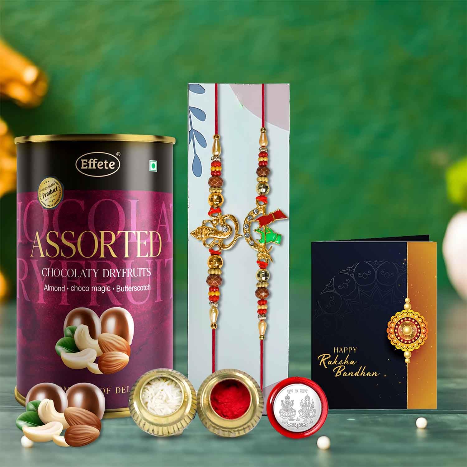 DeoDap Chocolate with Rakhi Set for Brother - Lord Ganpati, Bow & Arrow Design Rakhi Set of 2 with Assorted Chocolate (32 GM), Silver Colour Pooja Coin & Greeting Card, Raksha Bandhan Combo for Bhai-image-32