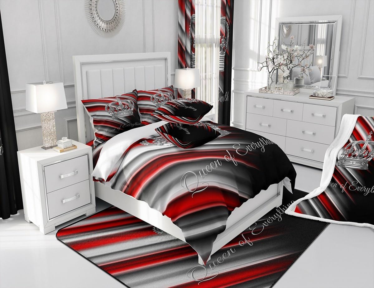 jejeloiu Kids Queen Crown Comforter Set King Size Red and White Strip Bedding Set for Boys Teens Decor Geometric Lines Comforter Modern Abstract Art Black Red Duvet Set Bedroom 3Pcs
