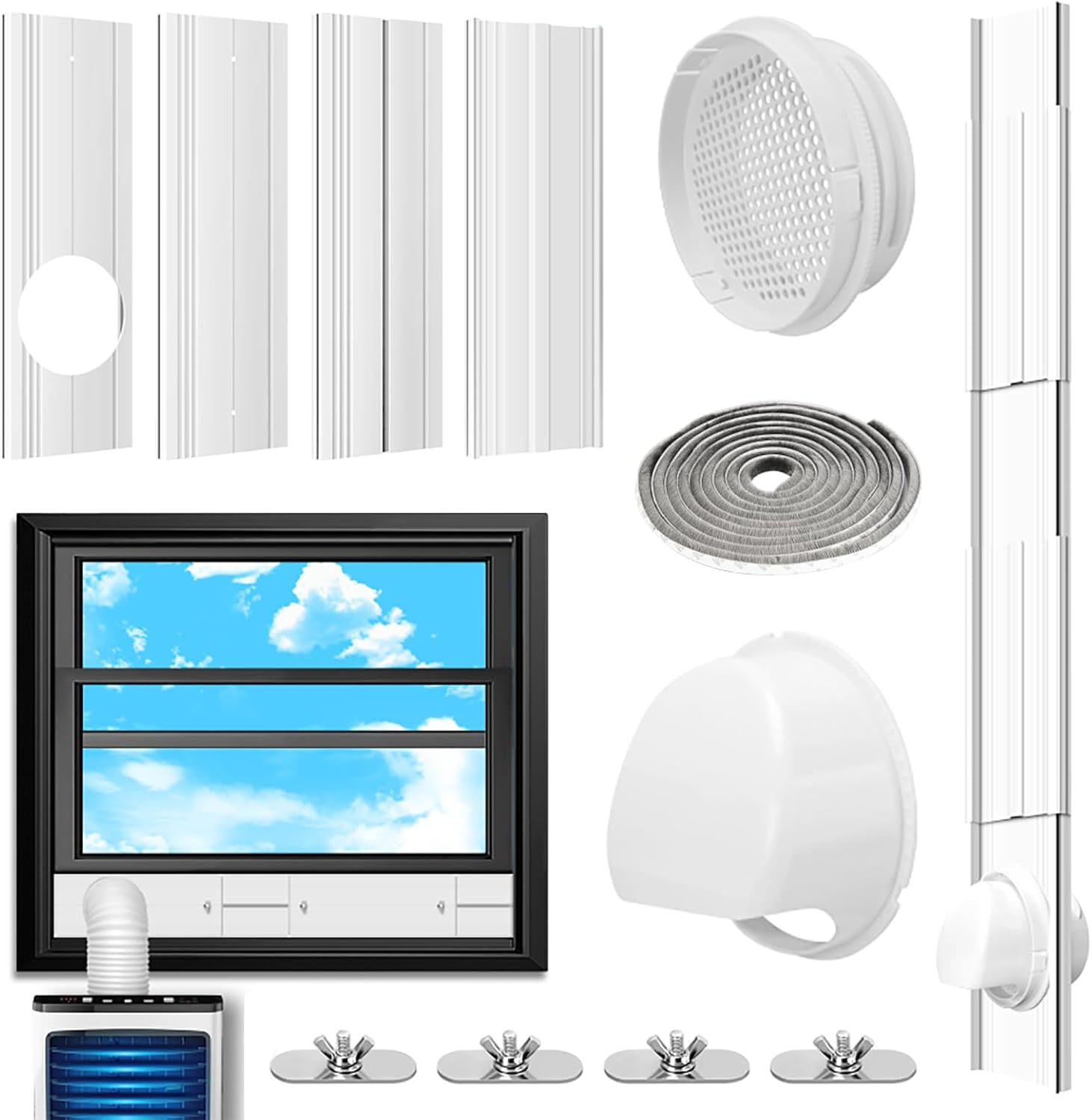 Portable AC Window Vent Kit with Universal Coupler for 5.1"/5.9" Exhaust Hose, Upgraded Mobile Air Conditioner Window Seal Kit with 4 Adjustable Seal Panels for Horizontal & Vertical Sliding Windows