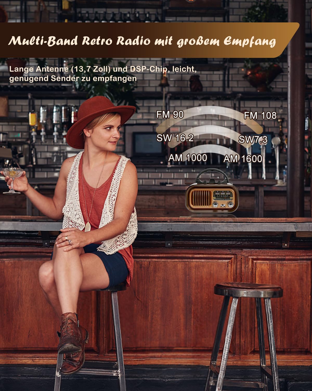 Retro Radio mit Bluetooth, AM/FM/SW Tragbares Radio, Kofferradio mit 1200mAh Akku und D-Batterien, USB/TF/TWS, Vintage Radio für Küche, Zuhause, Garten und Camping