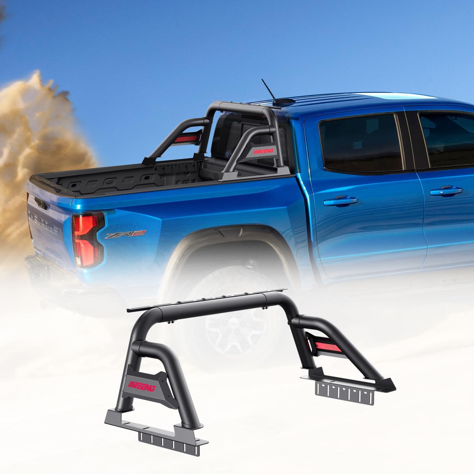 Roll Bar | Adjustable Sport Chase Rack for Mid Size Pickup Truck Compatible with Tacoma,Ford Ranger, Canyon,Nissan Frontier | Textured Black Powder | No Drilling