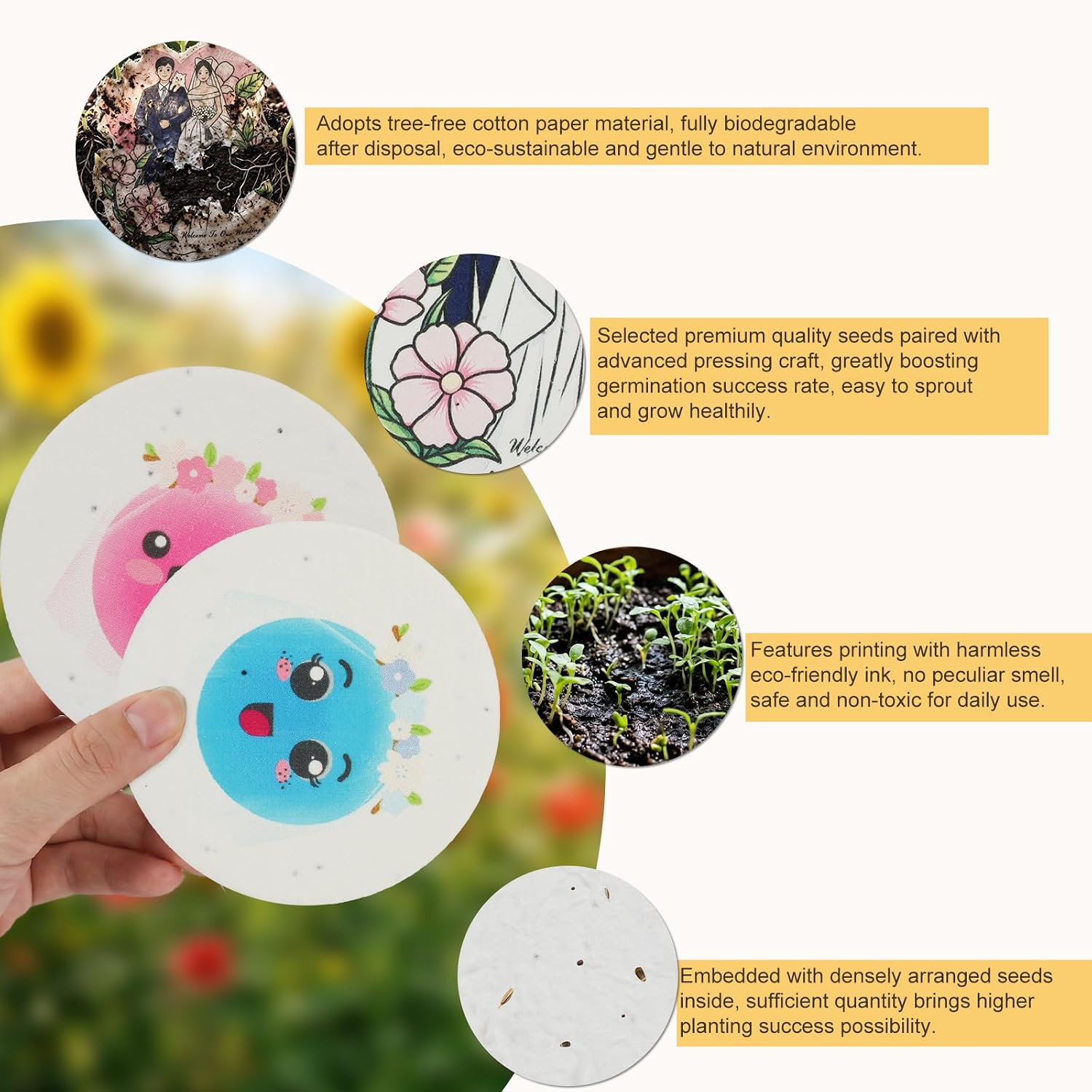 100 Pieces Round Seed Paper Handmade, Seed Paper Card Plantable Embedded Wildflower Recycled Flower, Gift Tags Cards for Wedding Favors, Valentine's Day, Envelope, Birthday Party, Business etc