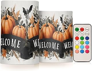 2 Pack Plastic Flameless Candles Pumpkin Maple Leaf Wheat Ear Bat Black Ribbon Welcome Battery Operated with Remote and Timer Real Wax LED Flickering Pillar Candles Set Window Christmas Holiday