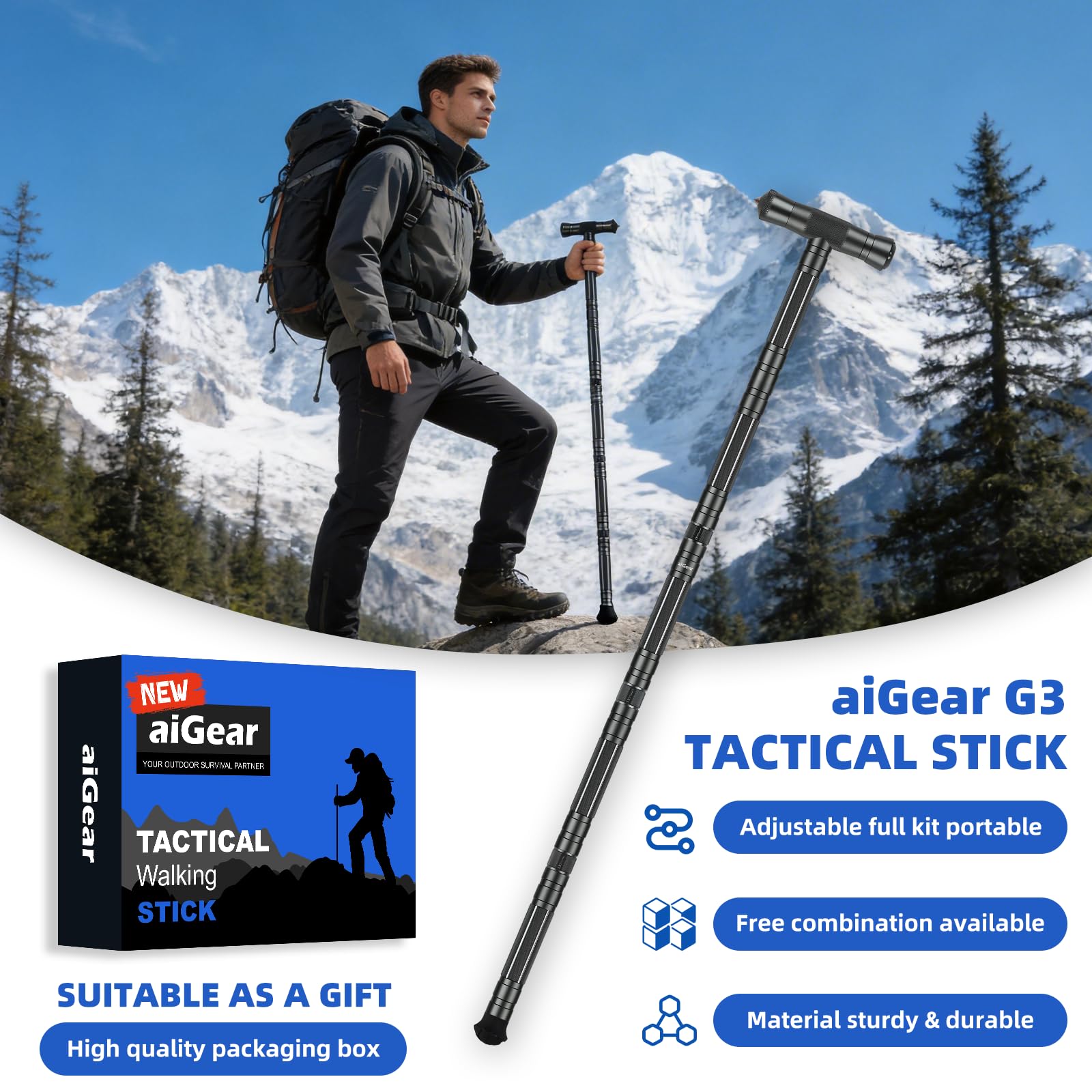 aiGear Kije turystyczne Torba + narzędzia do użytku na zewnątrz Akcesoria, 5/6/7/8 rur obrabianych CNC aluminium Trekking Polacy do wędrówek, biwakowania, wspinaczki górskiej