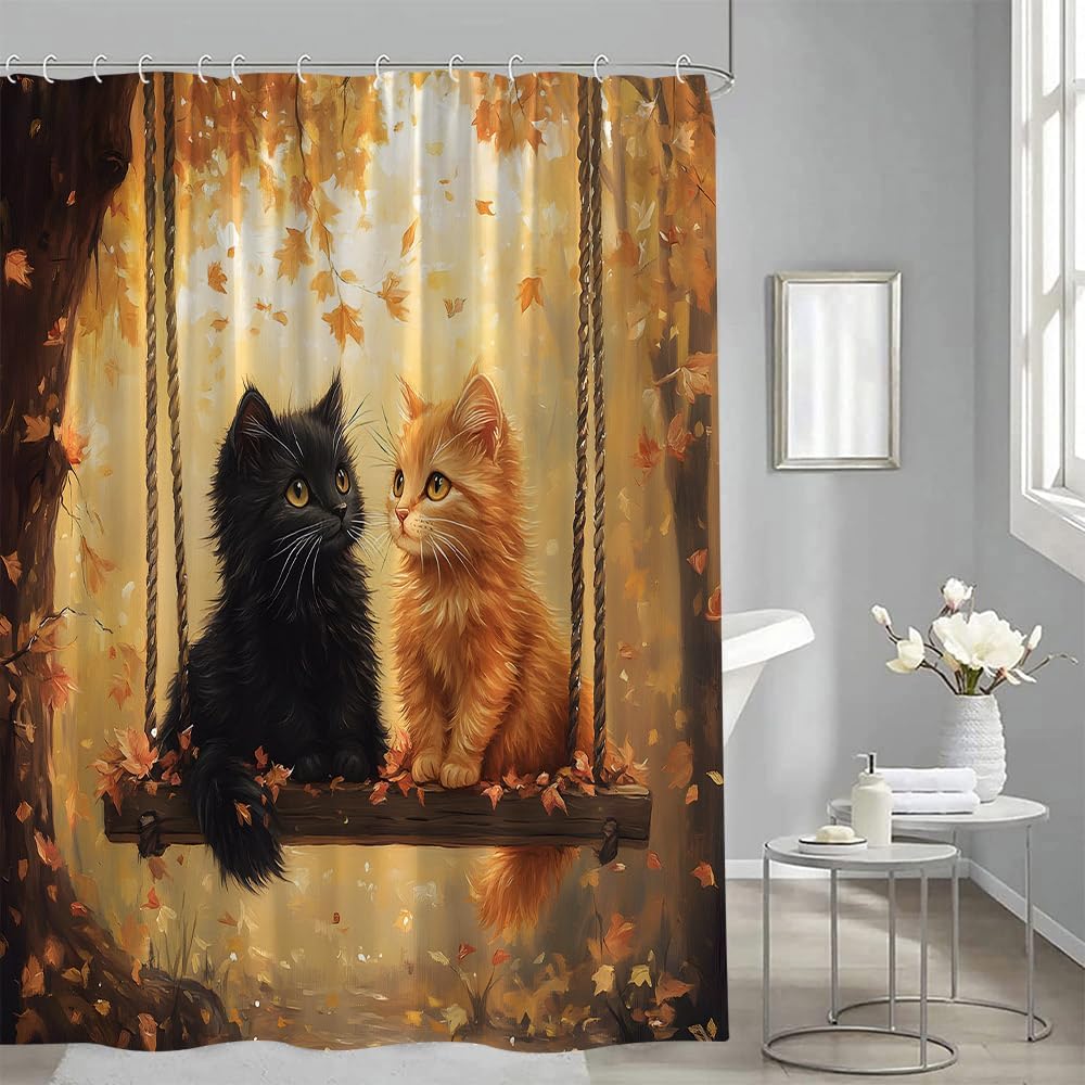 Fall Cat Shower Curtain Cute Kitten Yellow Orange Maple Leaves Falling Leaf Autumn Funny Animal Rustic Farmhouse Thanksgiving Harvest Forest Bathroom Decor Curtains 90x70 inch with Hook