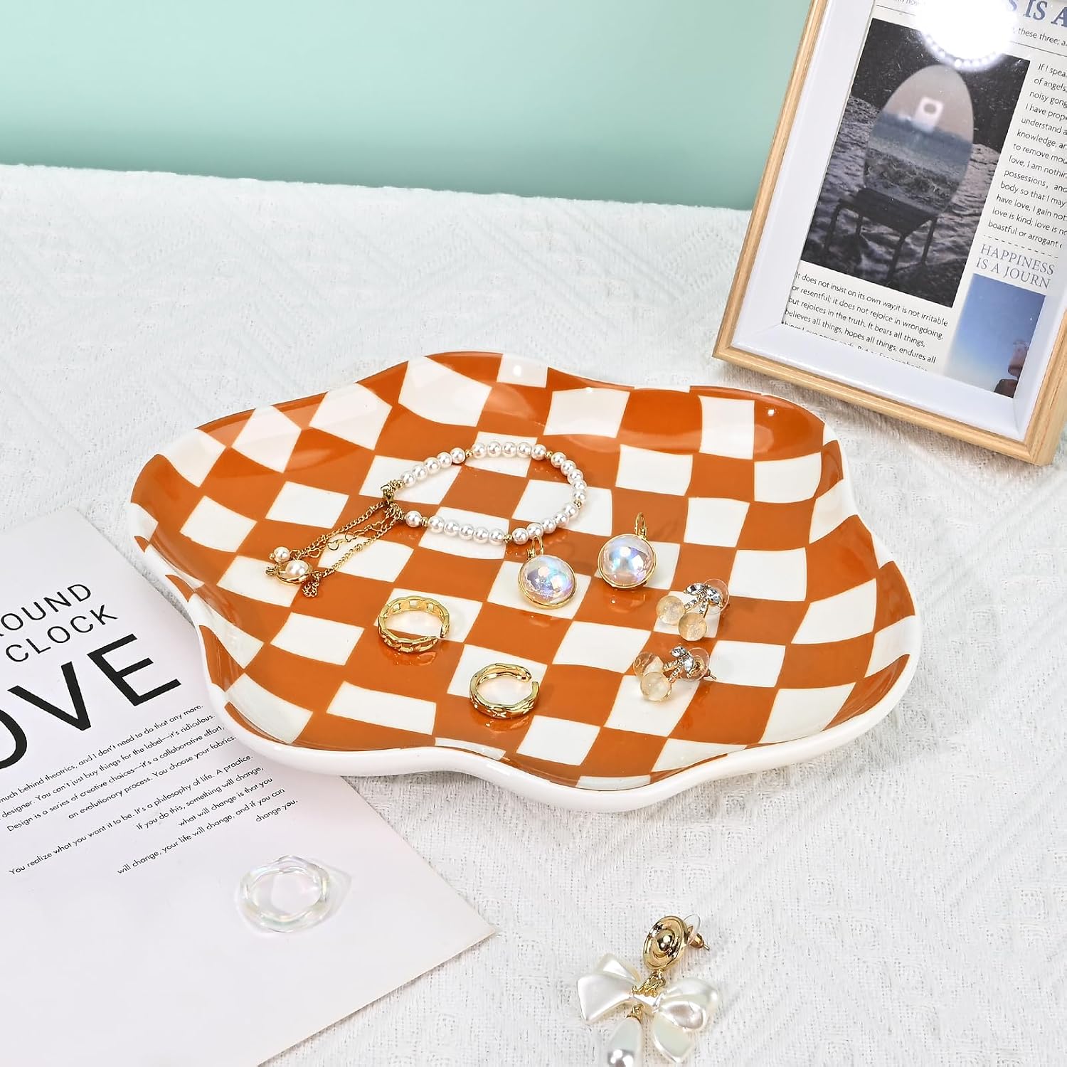 Koythin Brown Plaid Ceramic Jewelry Tray, Vanity Trinket Dish Birthday Gift image 3