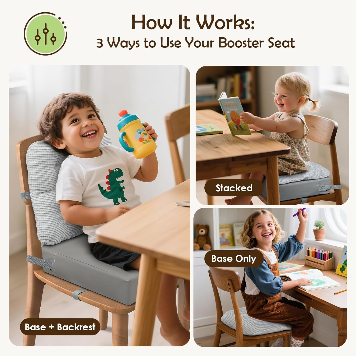 Booster Seat for Kitchen Chair Dining Table with Comfy Backrest Pillow and Adjustable Safety Buckles,Non-Slip Kid Toddler Booster Seat for Dining Table, PU Travel Baby Booster Cushion Chair