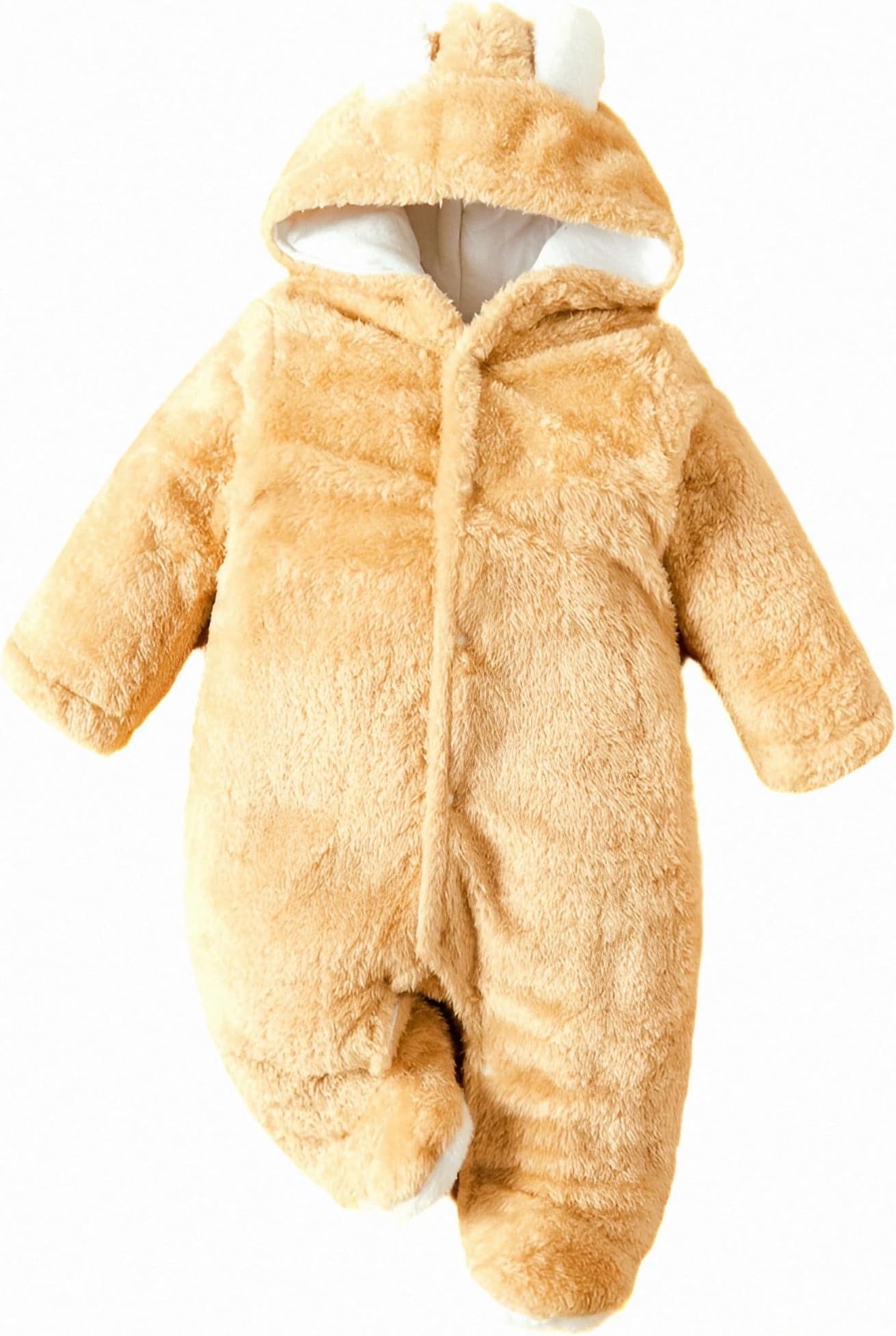 BRANDONN Unisex Baby Flannel Reversible Jumpsuit Panda Style Cosplay Clothes Bunting Outfits Snowsuit Hooded Romper Outwear (Camel, 0-3 Months)