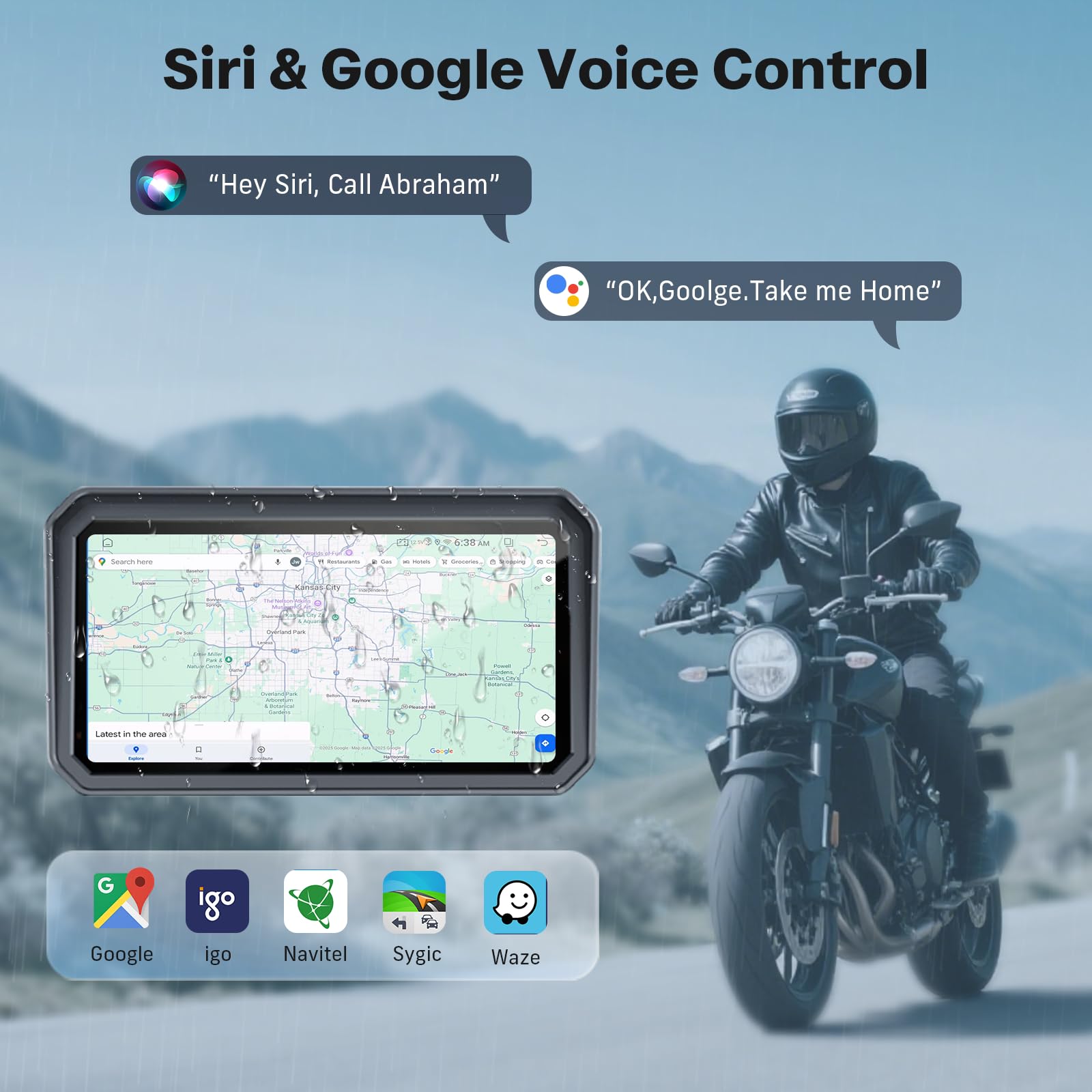 WonVon 6.25 Inch Wireless Motorcycle Carplay GPS Navigation System with Apple Carplay and Android Auto Portable Screen with Dual Bluetooth, Navigation, Siri, Google Assistant