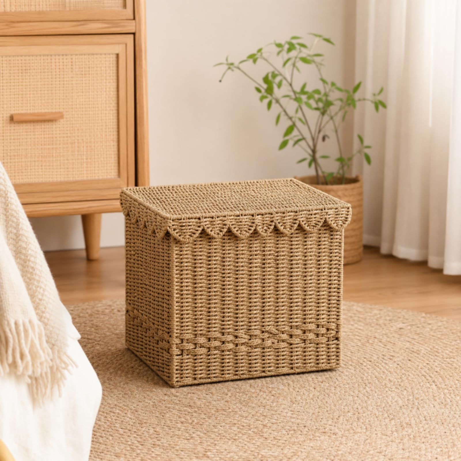 Baoblaze Cesto Portabiancheria Cesta Contenitore Paniere con Coperchio in Corda Intrecciata con Pizzo E Fodera Interna Adatto Cameretta 42cmx40cmx35cm