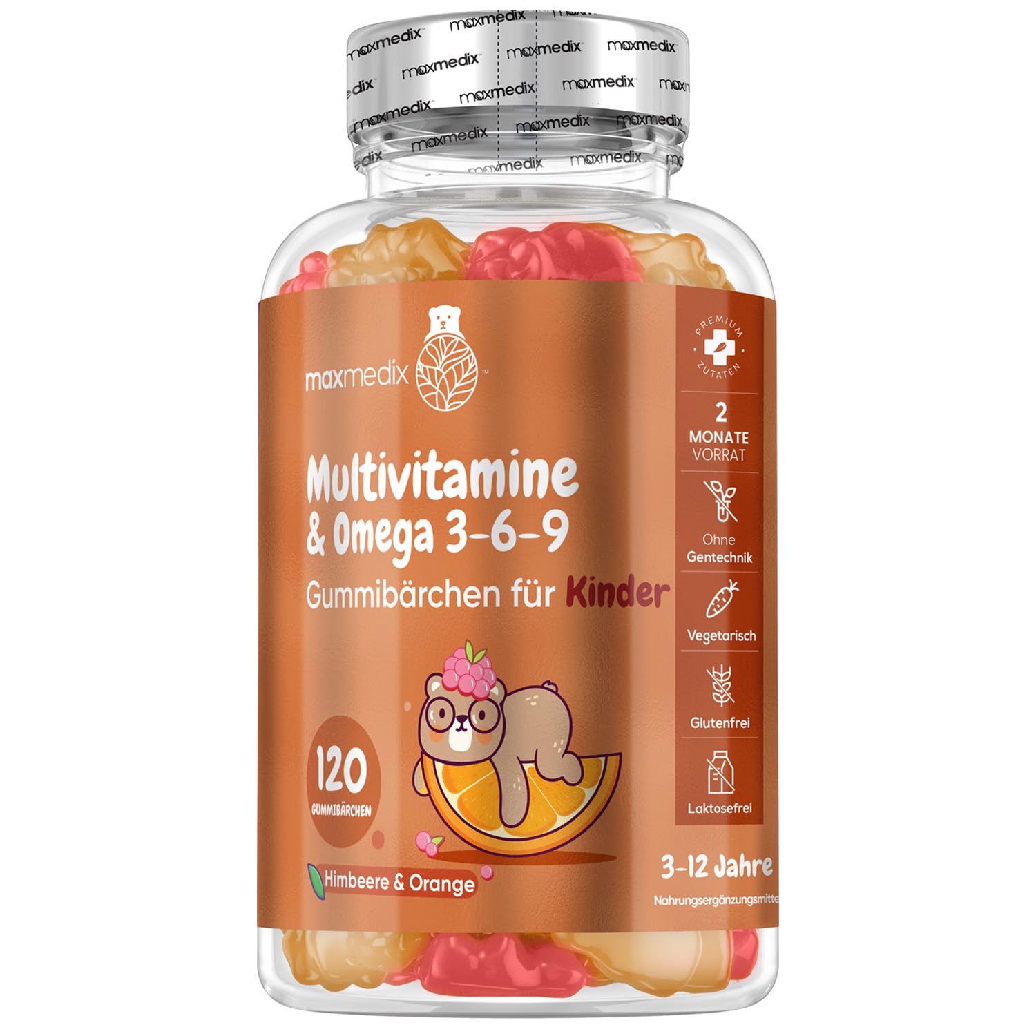 Multivitamin Gummibärchen für Kinder - Mit Omega 3 6 9, Vitamin C- 120 Multivitamin Kinder Gummies - Vitamin D3, B7, B12, E, Jod, Zink - Mit Himbeer & Orangengeschmack - maxmedix
