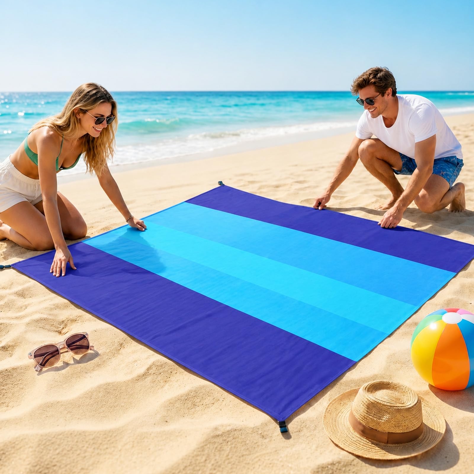 Koc plażowy, odporny na piasek, wodoszczelny, 210 x 200 cm, mata plażowa, z mocowanymi narożnikami i torbą, na plażę, kemping, piknik, wycieczki