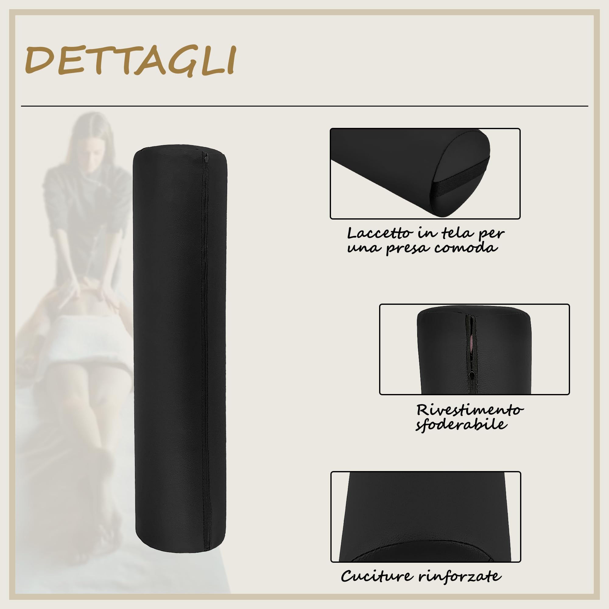 Beltom® CUSCINO CILINDRICO ROTONDO PER MASSAGGIO e FISIOTERAPIA UTILE PER ESTETISTA E RELAX - NERO