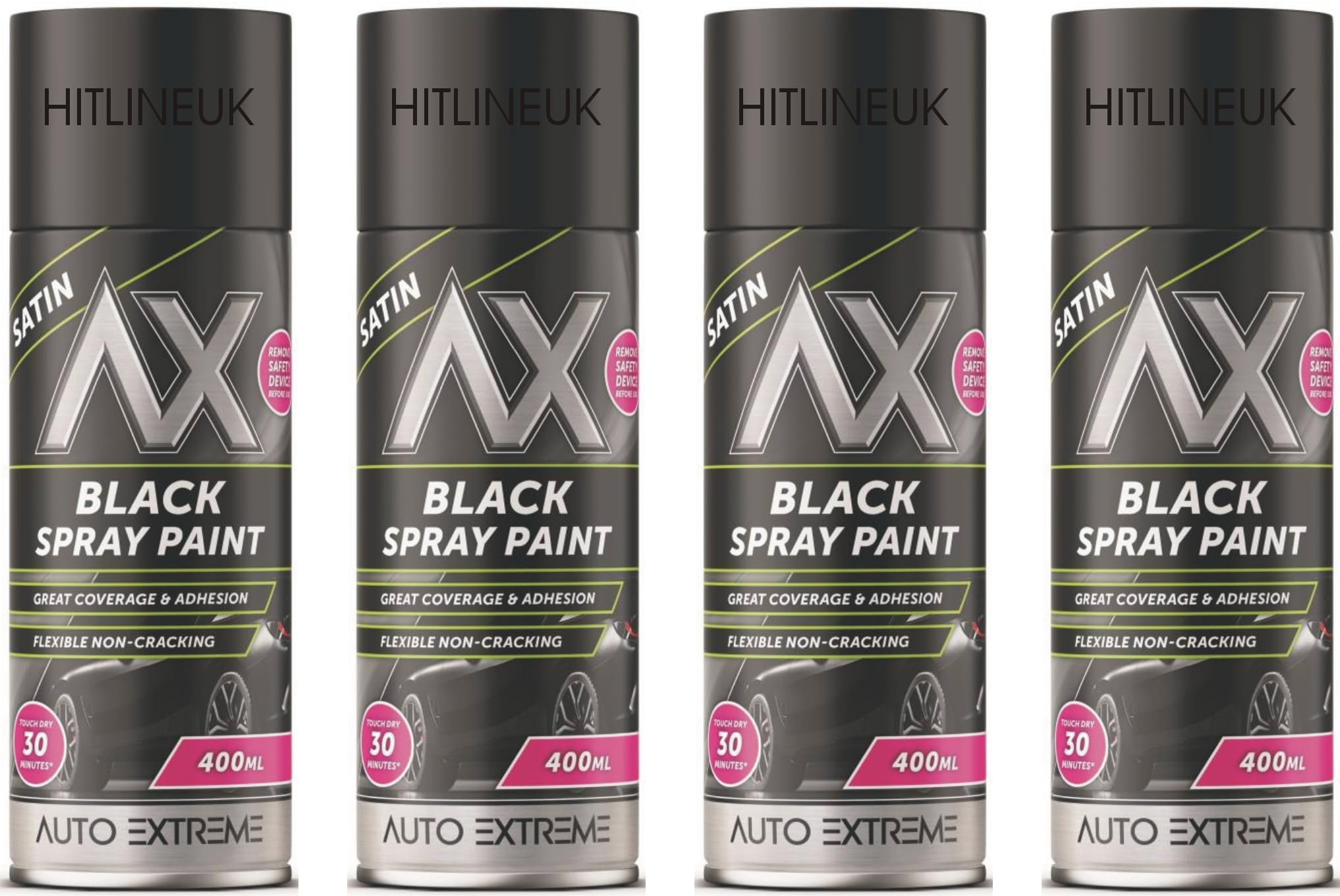 HitlineUK Spray Paint, 400ml Satin Black Spray Paint, Automotive Paint Sprayer, Multipurpose Exterior Black Spray Paint Satin, Metal Spray Paint by Auto Extreme (4 Cans)