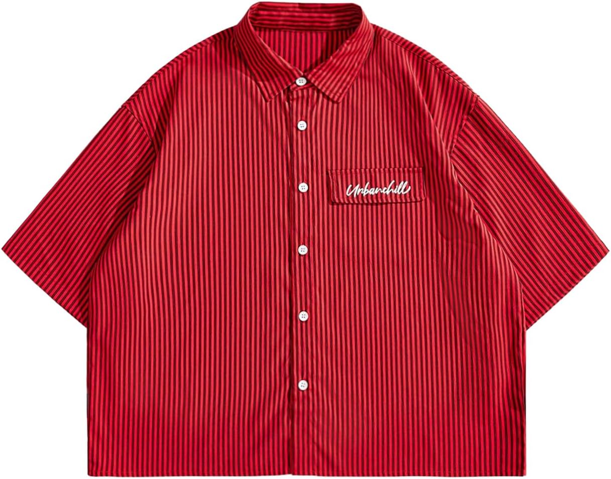 GORGLITTER Men's Striped Button Down Up Cropped T Shirt Short Sleeve Letter Summer Vacation Shirts Boxy Tees Streetwear