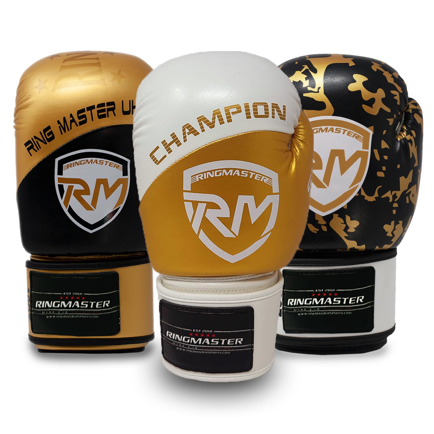 RingMaster Superfit Boxing Gloves Bag Punch Focus Mitts Training MMA Sparring Martial Arts kickboxing (White-Gold, 10oz)