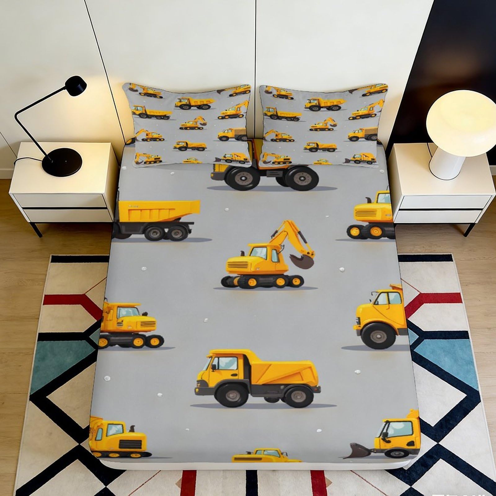 3D Printed Construction Vehicle Fitted Sheet Microfiber Soft Grey Truck Excavator Mattress Cover for Bedroom Dorm Decor 90x200x25cm