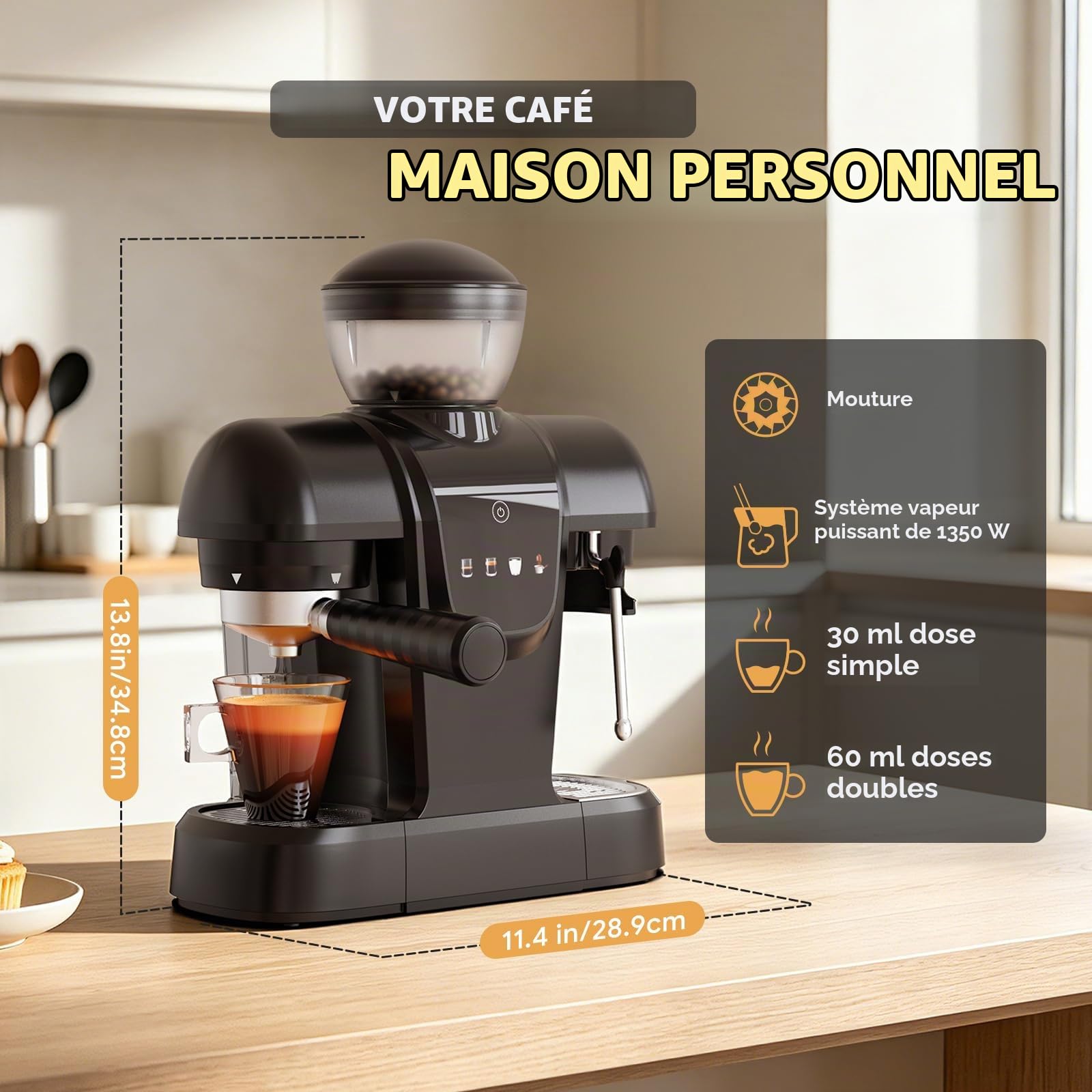 RECAFIMIL Machine à expresso 19 bars avec moulin à haricots, machine à café 2 en 1 pour café moulu, cappuccino et latte avec mousseur à lait, écran tactile, réservoir d'eau amovible (noir)