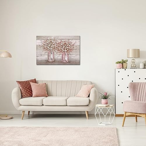 Miniatura 4 de RyounoArt Cuadros florales rosados para decoración de pared, flores rosas y grises en jarrón, pintura artística de granja, decoración de granja,