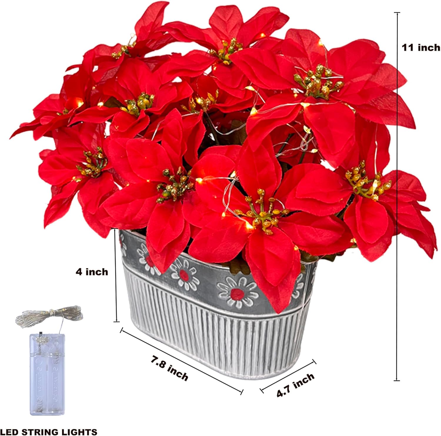 Christmas Poinsettia Table Centerpiece - Rustic Metal Pot with LED Lights, Festive Artificial Floral Arrangement for Holiday Home Décor, 1 Pack