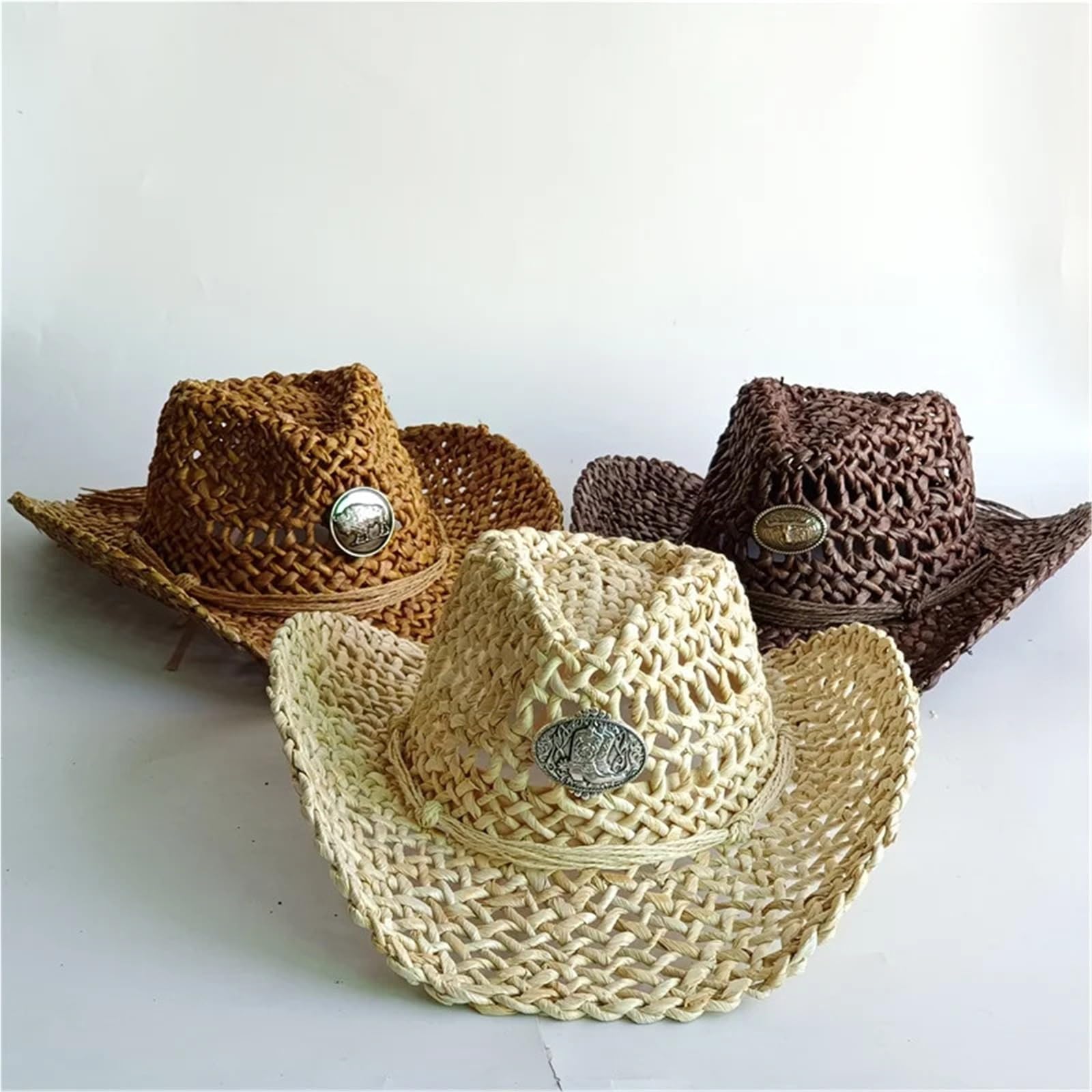 cappello paglia cowboy Cappello di paglia Boho vintage da spiaggia estiva | Donna Uomo Cappelli da cowboy occidentali Perline di legno Scava fuori il cappello da sole