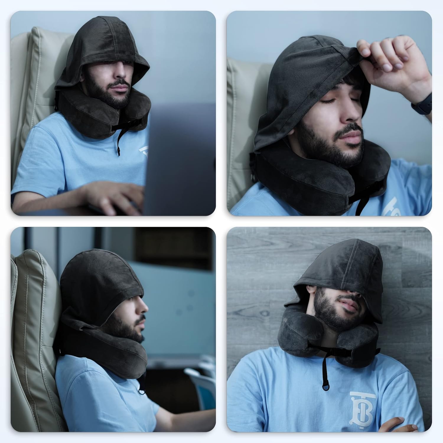 Neck Pillow with Hood - Memory Foam Neck Pillow Head Chin Support, Airplane, Car, Office & Home Sleep Rest Travel Pillows with Hood (Black,M) - Image 3