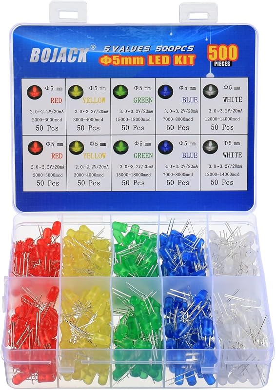 BOJACK 5 Colors 500 pcs 5mm LED Diode Lights Assored Kit Pack Bright Lighting Bulb Lamps Electronics Components 5 mm Light Emitting Diodes Parts