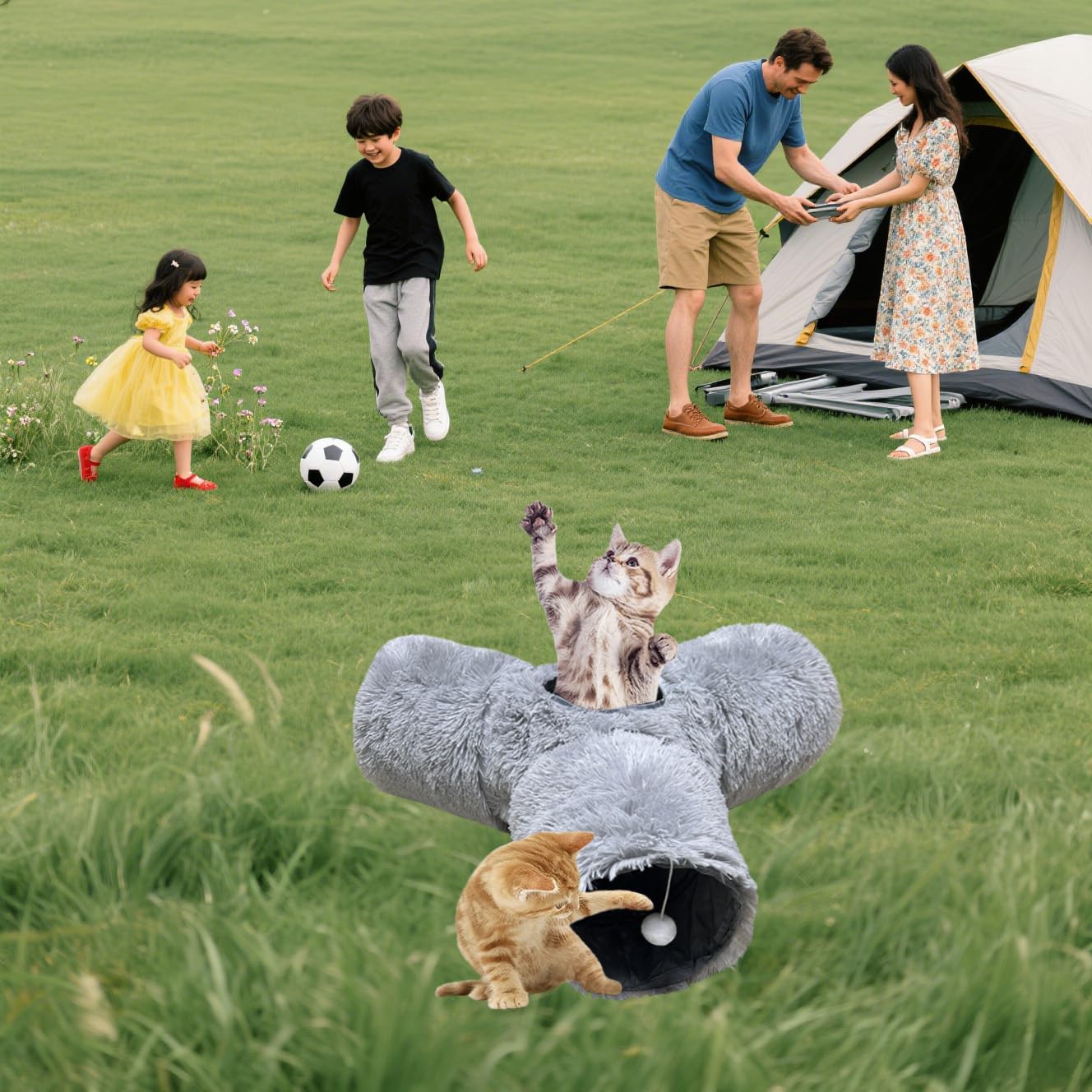 Túnel plegable para gatos de interior de 3 vías de felpa gris, tubo de juego portátil con agujeros para mirar, perfecto para gatitos, conejos y mascotas pequeñas, juguete interactivo