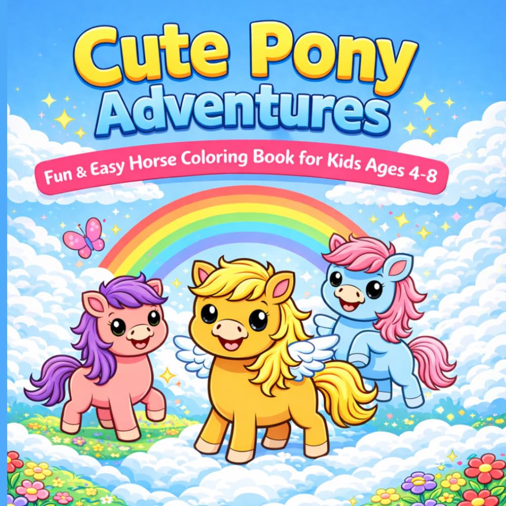 Cute Pony Adventures: Horse Coloring Book for Kids Ages 4–8: 50 Fun and Easy Pony Coloring Pages for Girls and Boys | Cute Ponies, Rainbows and Magical Adventures