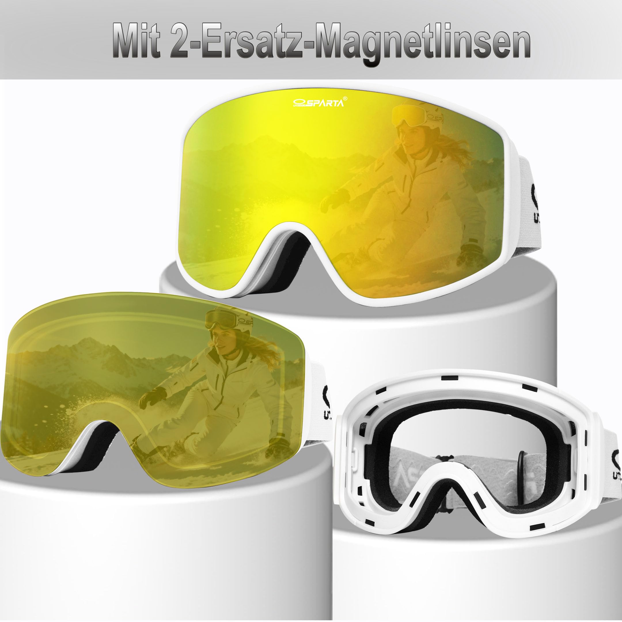 Snowboard Skibrille OTG, magnetische abnehmbare HD Linse/Anti-Fog /100% UV400 Schutz/rahmenlose