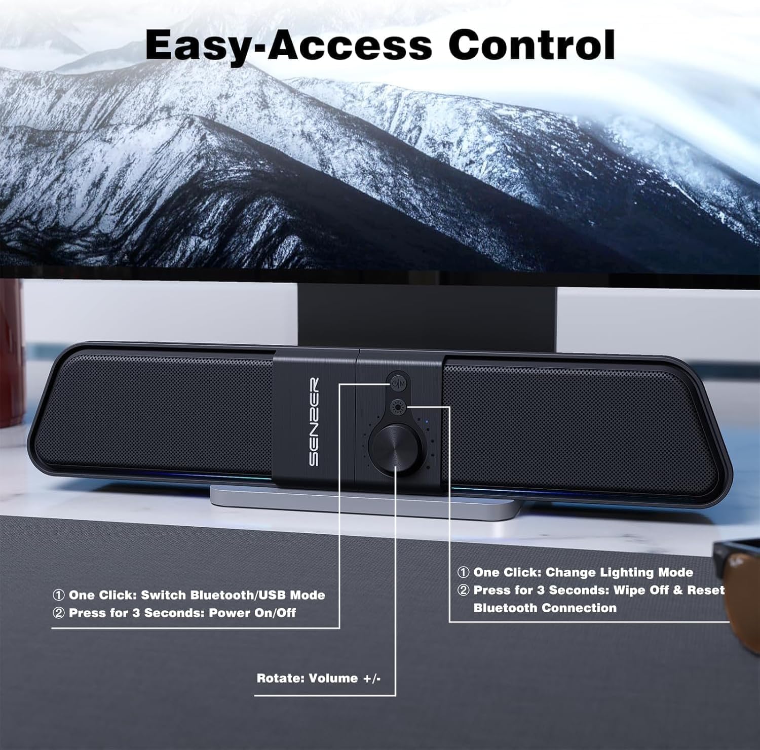 SENZER CS20 Enceinte PC,Alimentée par USB Bluetooth Haut Parleur Flowing LED Barre de Son de Gaming Enceintes pour Pc (Not Jack 3,5 mm)