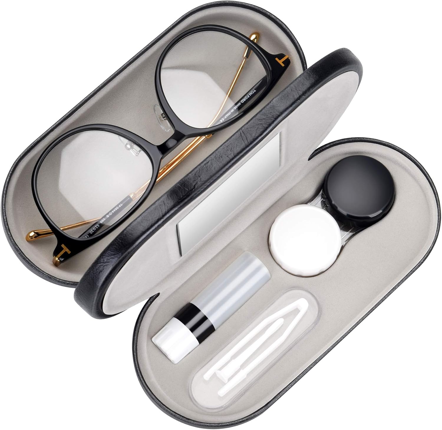 Muf 2 in 1 Double Sided Portable Contact Lens Case and Glasses Case,Dual Use Design with Built-in Mirror, Tweezer and Contact Lens Solution Bottle Included for Travel Kit : Health & Household