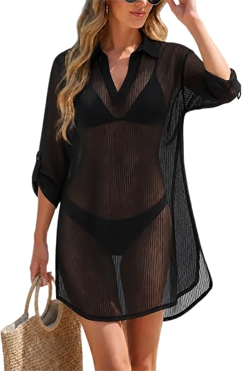 YYA Women Sheer Swimsuit Cover Up Shirt V Neck Beach Tunic Coverup for Swimwear 3/4 Sleeve Bathing Suit Cover Ups for Women