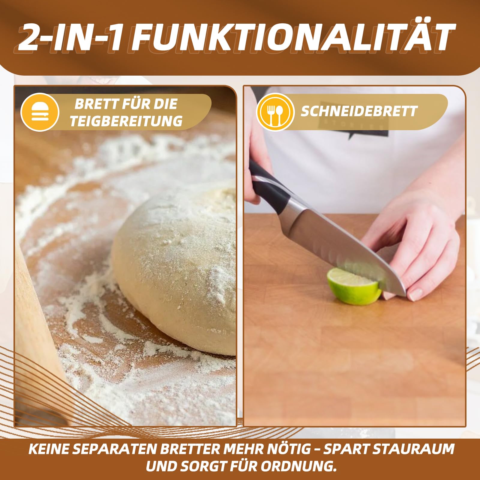 Holzbackbrett 70x50 cm – Teigbrett, Schneidebrett & Servierbrett | Rutschfest – Ideal zum Ausrollen von Teig, Schneiden & Servieren. Große Fläche für Brot, Gebäck & Snacks. Pflegeleicht.