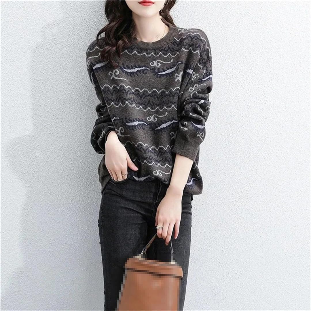 Jesienno-zimowa retro żakardowy sweter z dzianiny z okrągłym dekoltem damski na co dzień z długim rękawem wąski sweter top