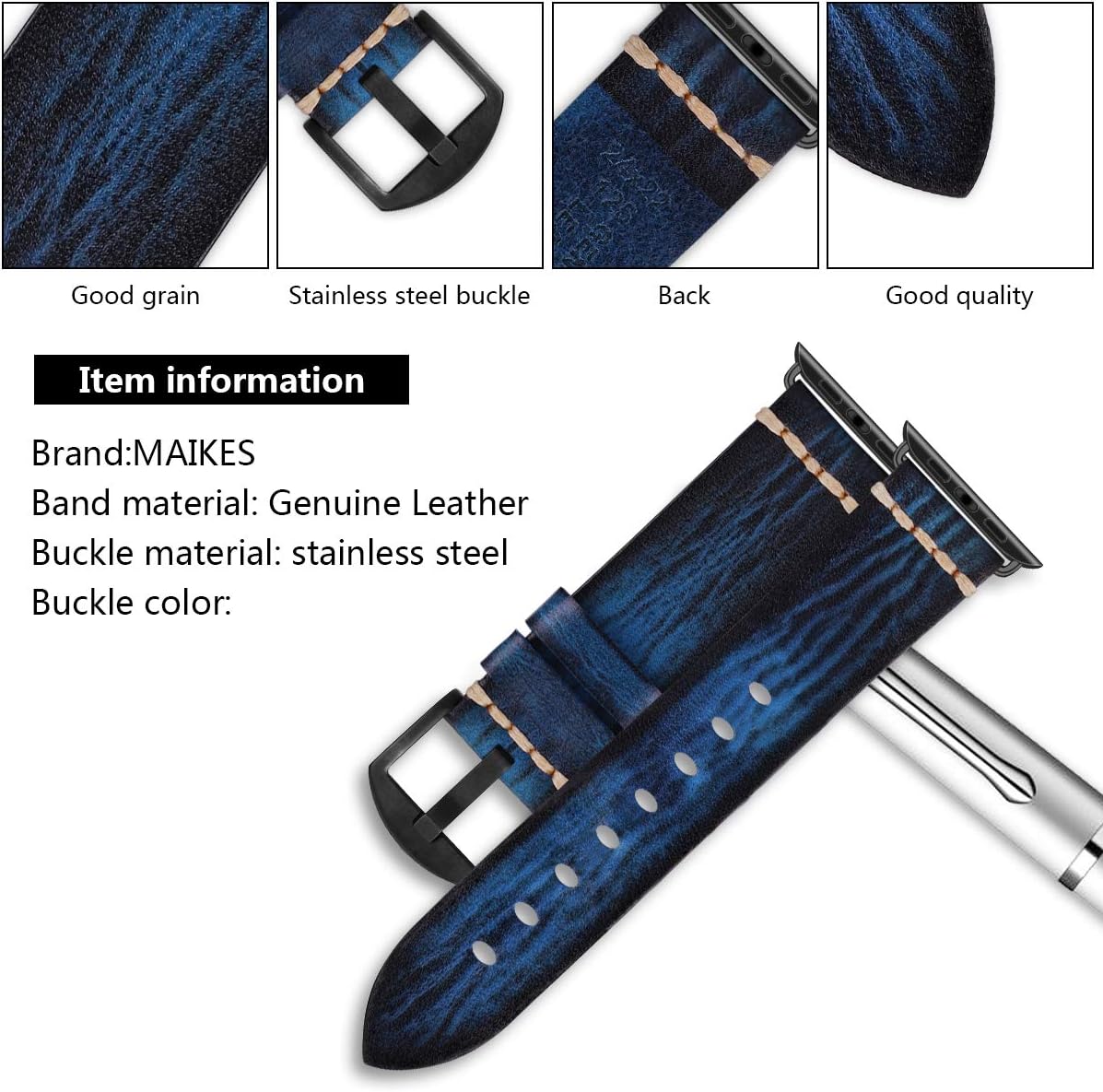 MroTech Compatible with Apple Watch Band 49mm 45mm 44mm 42mm Strap Men Women,Genuine Leather Watch Band Replacement for iwatch Series Ultra 9 8 7 6 5 4 3 2 1 Wristband,Wide Blue