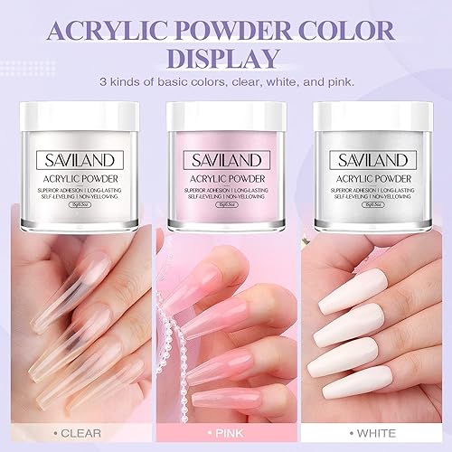 Miniatura 3 de Saviland Kit de uñas acrílicas para principiantes, 0.53 oz de polvo acrílico transparenteblancorosa y líquido con cepillo de uñas acrílicas, formas
