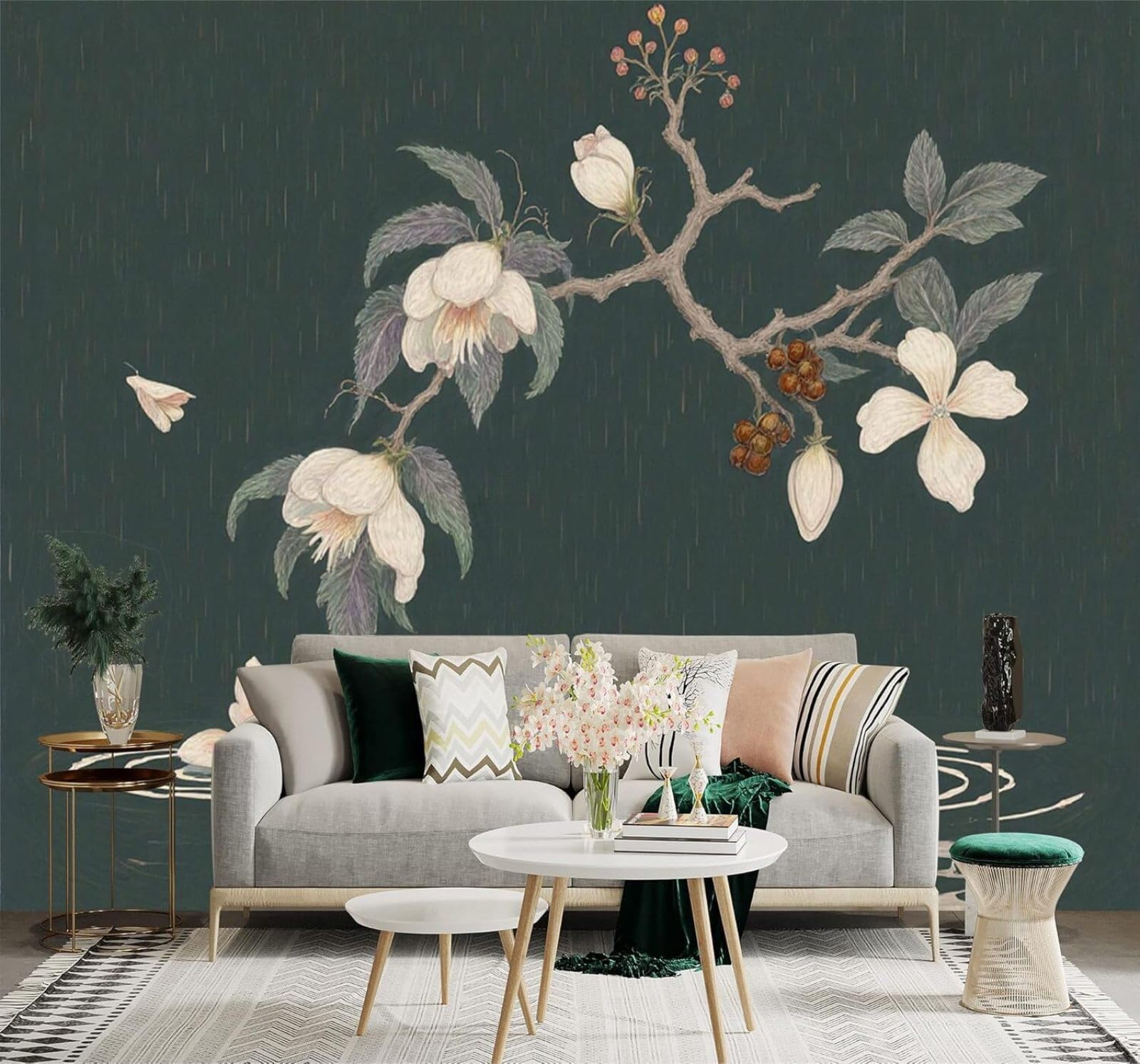 XLMING Vintage White Flowers Branches Water Surface Falling Petals 3D Wallpaper Premium Textured Silk Study Dining Living Room Bedroom Sofa TV Wall Easy Install-350cm×256cm