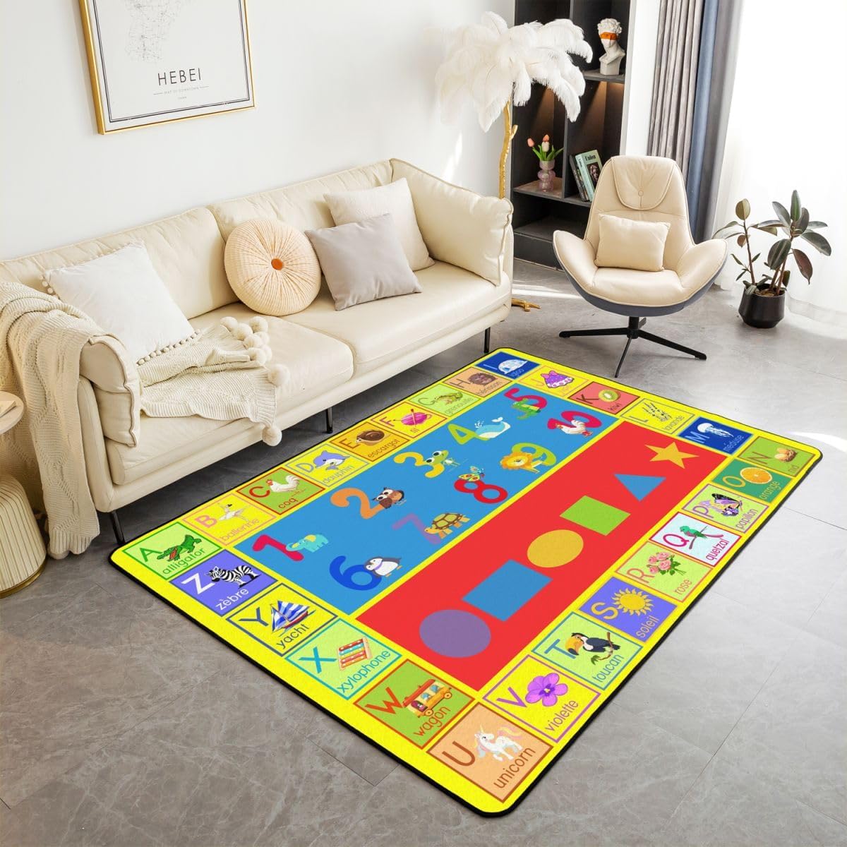 Kids Educational Learning Living Room Rugs for Bedroom Numbers ABC Alphabet Shapes Area Rug 3x5 for Toddler Ultra Soft Coloful Fun Game Decorative Carpet Rug Set Elephant Frog Indoor Floor Mat