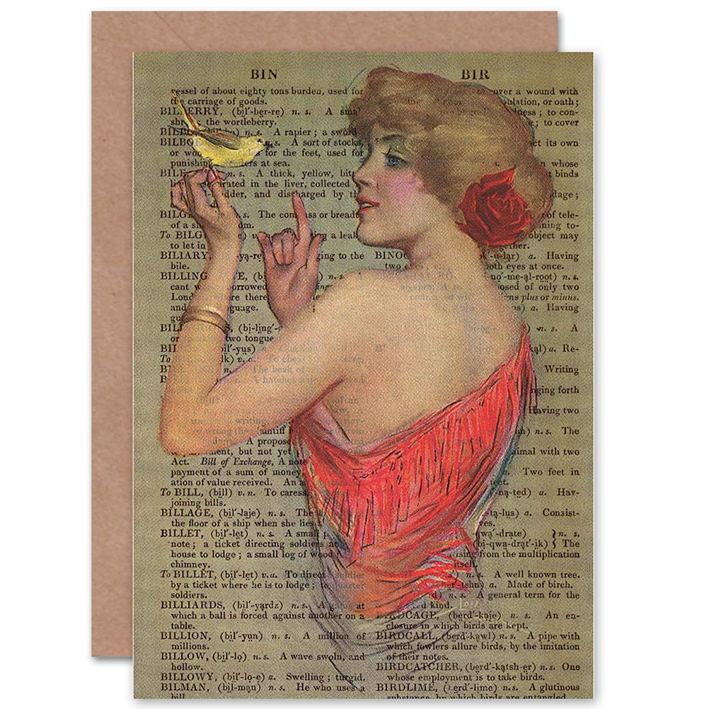 Wee Blue Coo GREETINGS CARD BIRTHDAY GIFT UPCYCLE DICTIONARY WOMAN RED DRESS BIRD