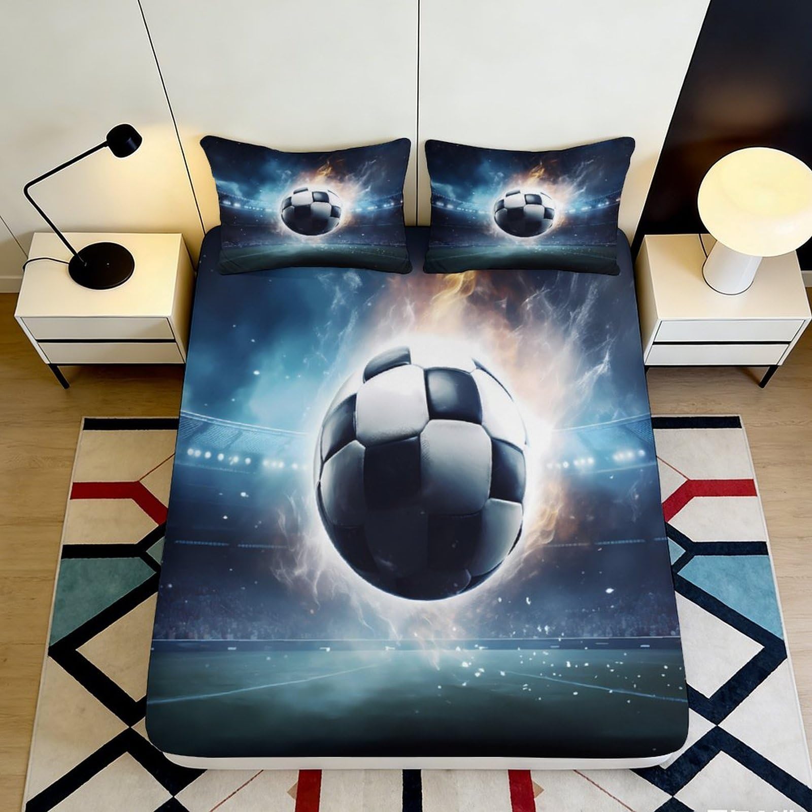 3D Printed Flaming Soccer Ball Fitted Sheet Microfiber Soft Breathable Stadium Scene Bed Cover for Bedroom Dormitory Guest Room Mattress Protection 140x200x25cm