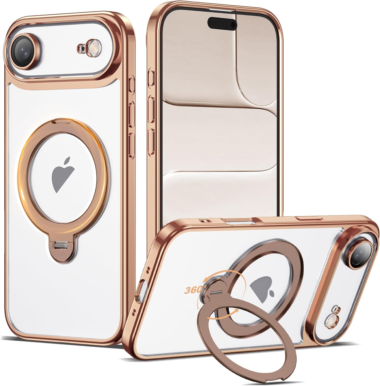 Compatible with iPhone 17 Air Case with 360° Spin Magnetic Ring Stand [Compatible with Mag-Safe] Full Camera Lens Protector Plating Clear Phone Case for iPhone 17 Air 6.5", Desert Gold