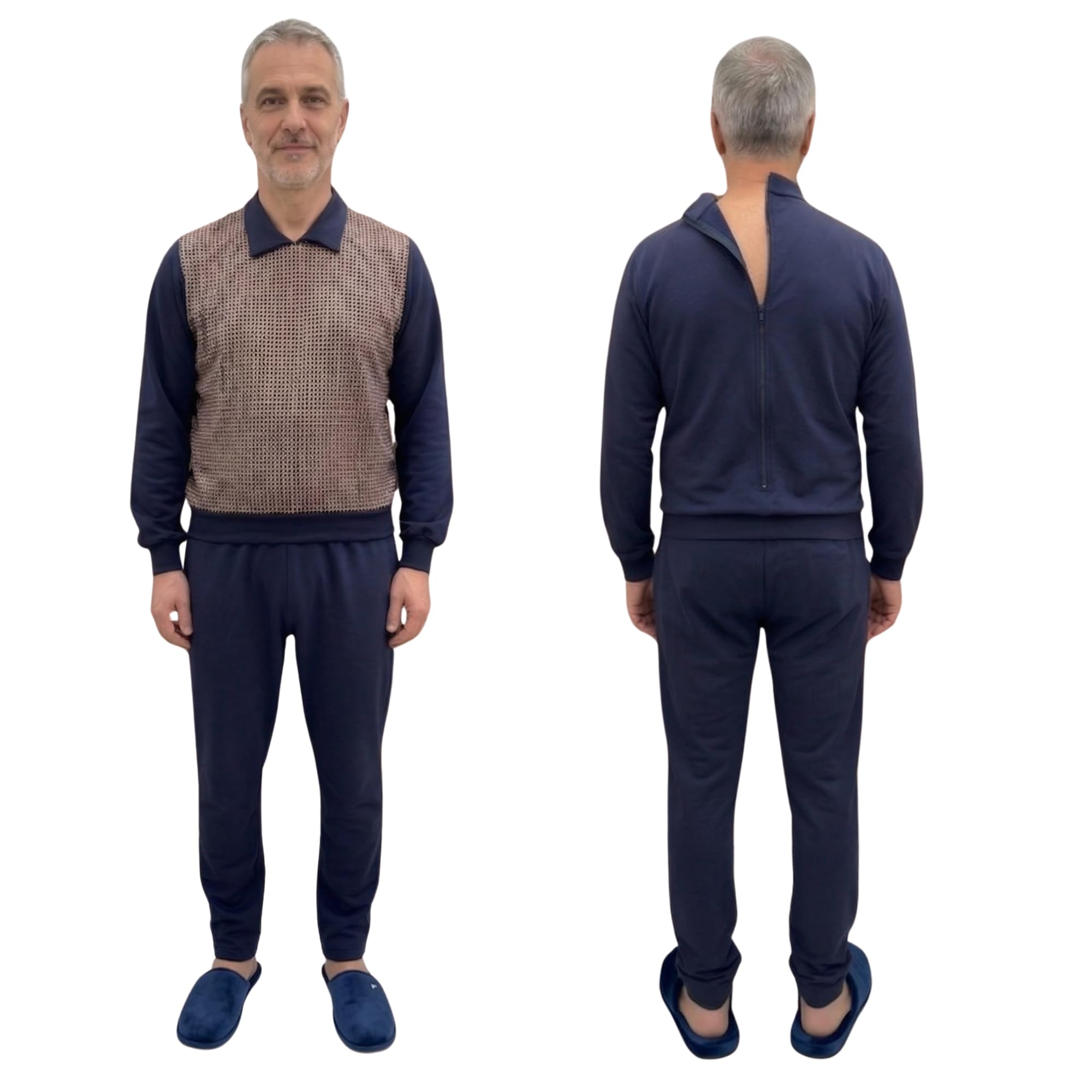 FERRUCCI COMFORT Pigiama Sanitario per Anziani da Uomo Polo con Cerniera Posteriore - Pettorina Anteriore Idrorepellente e Idrofobico - Facile da Pulire - Incontinenza