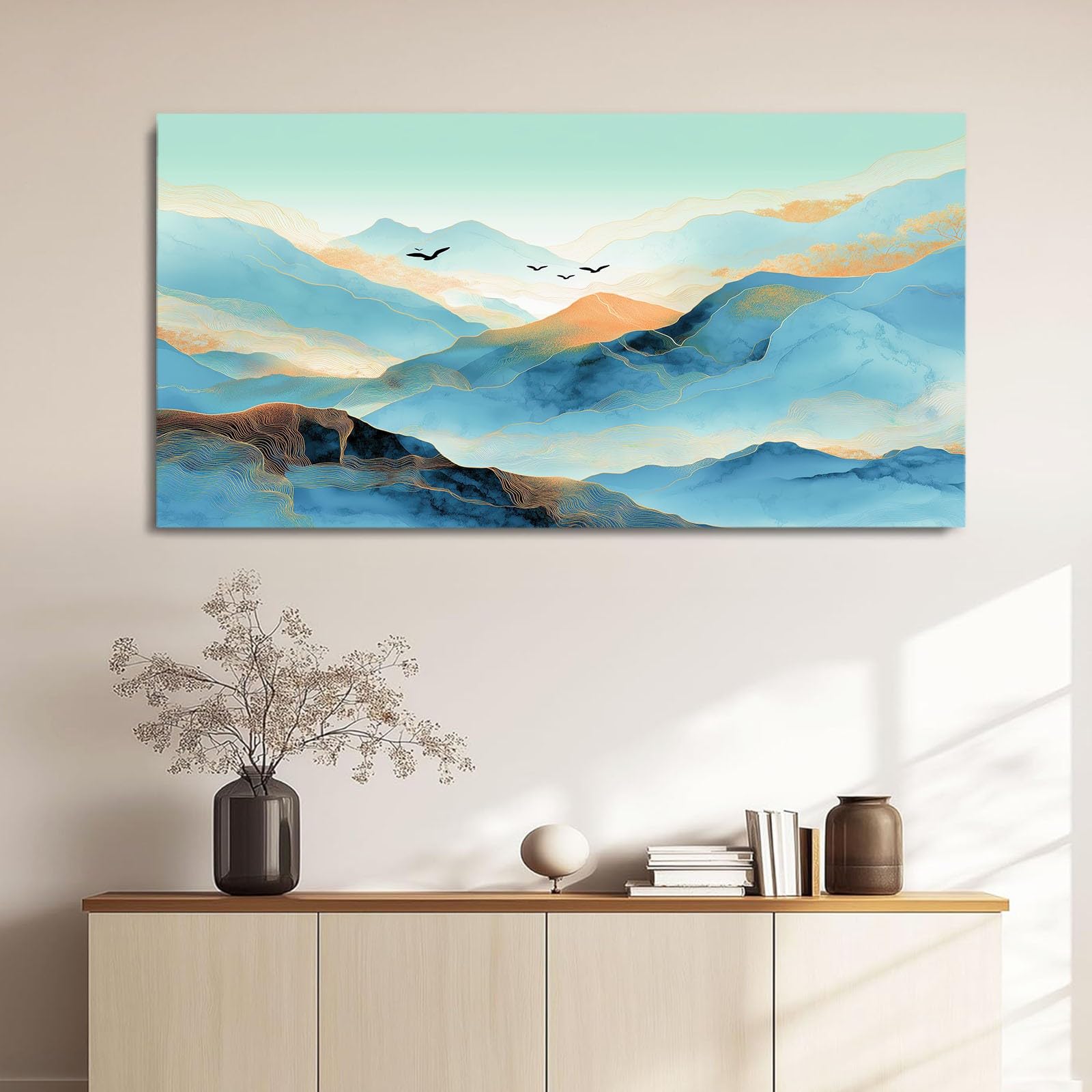 Leinwandbild 100 x 70 cm Leinwandbilder mit Abstrakt, Bild auf Leinwand - Kunstdruck auf Canvas, Bilder Wanddeko für Wohnzimmer, Schlafzimmer, Esszimmer, Berge Vogel Landschaft Blau