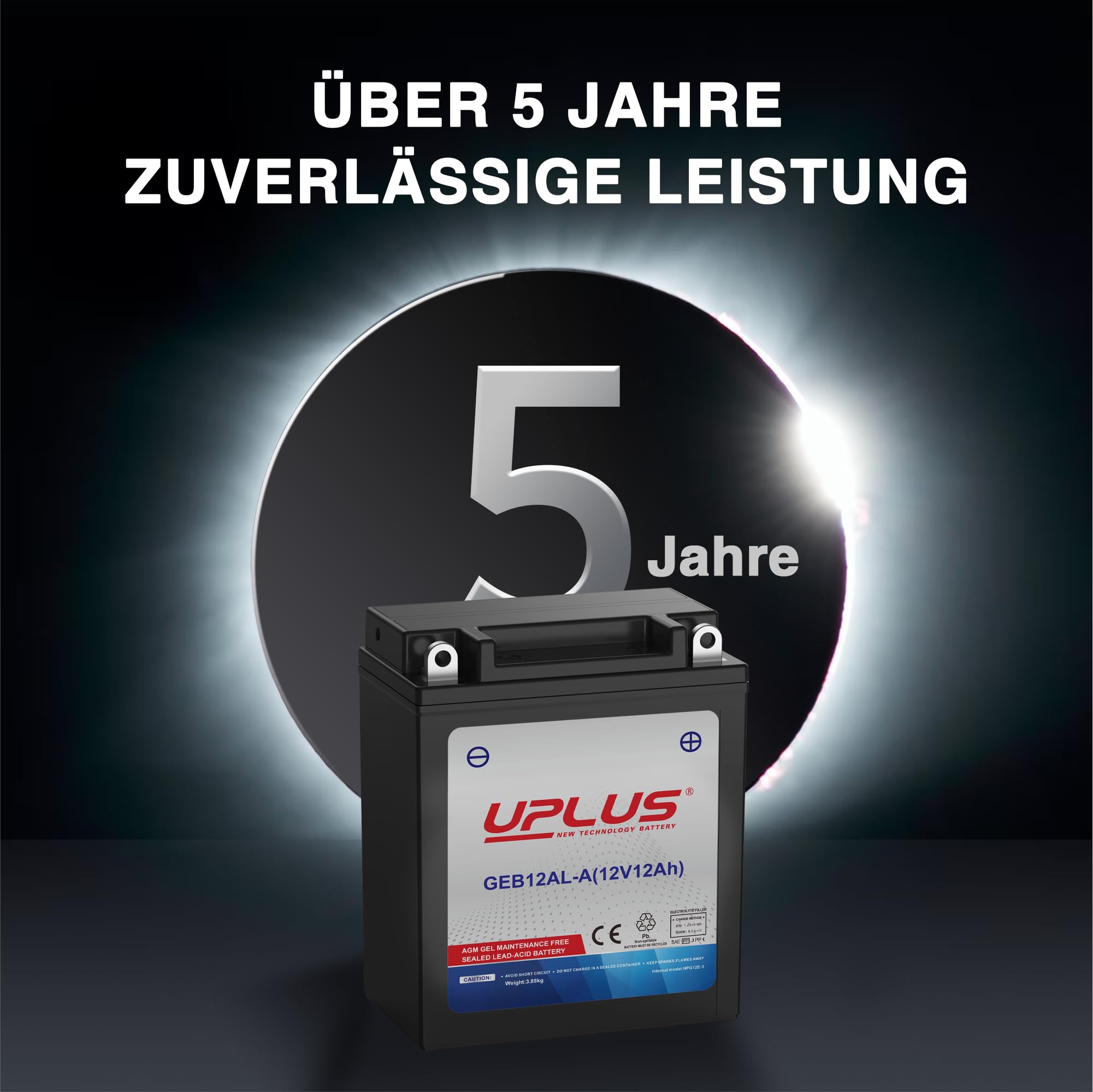 UPLUS GEB12AL-A GEL Motorradbatterie 12V 230A 12Ah Rollerbatterie wartungsfrei Ersatz für YB12AL-A 134L×81B×160H mm