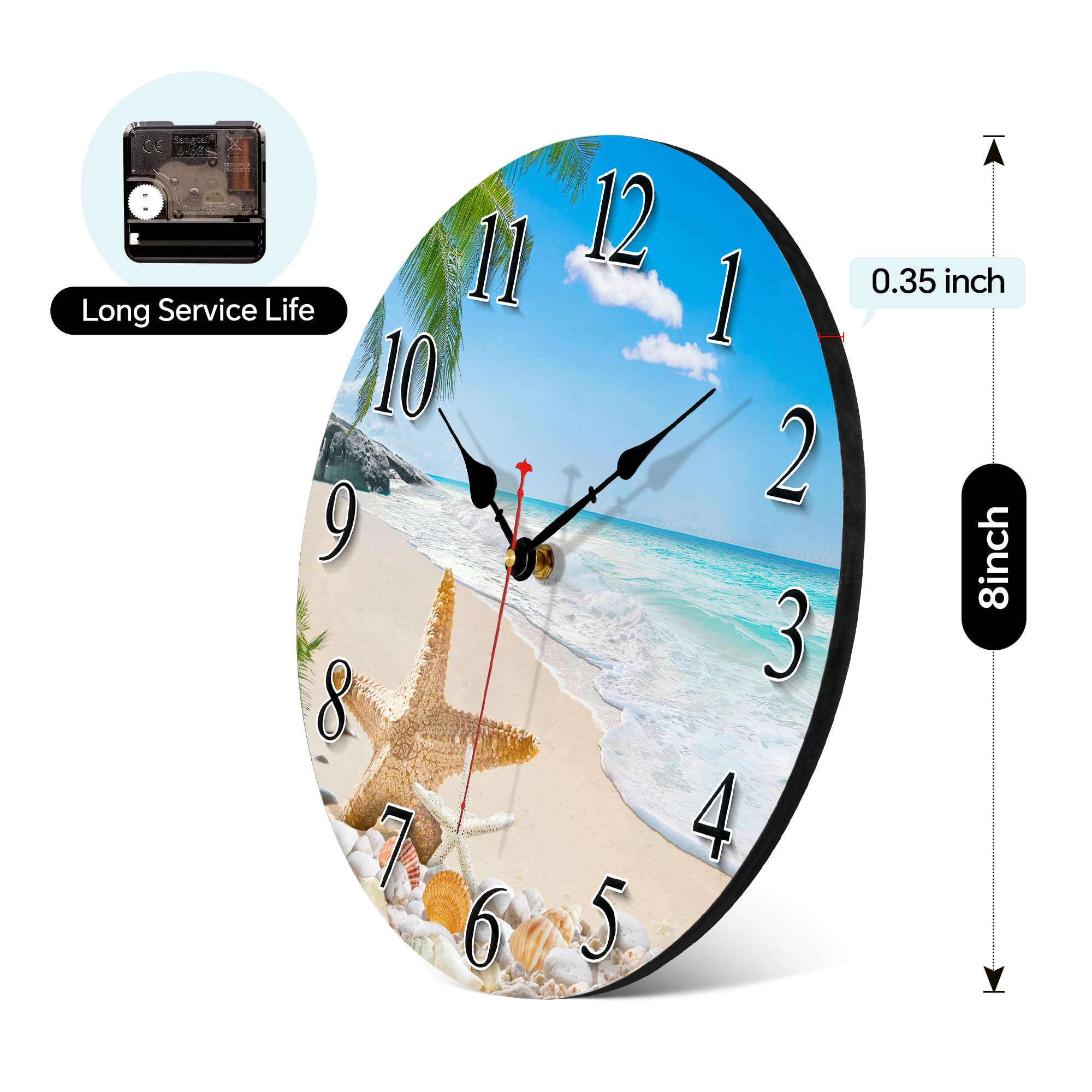 Toudorp 8 Inch Wall Clock Coastal Seashell Starfish Beach Decorative Clocks, Silent Non Ticking Battery Operated Palm Tree Wall Clock for Bedroom/Living Room/Kitchen