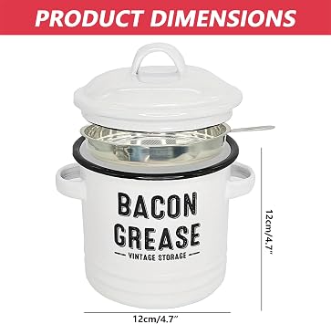 Bacon Grease Container, Enamel Bacon Grease Saver with Strainer, Spatula & Lid Oil Keeper Can for Kitchen Tools, 4.7x6.7 inch Can