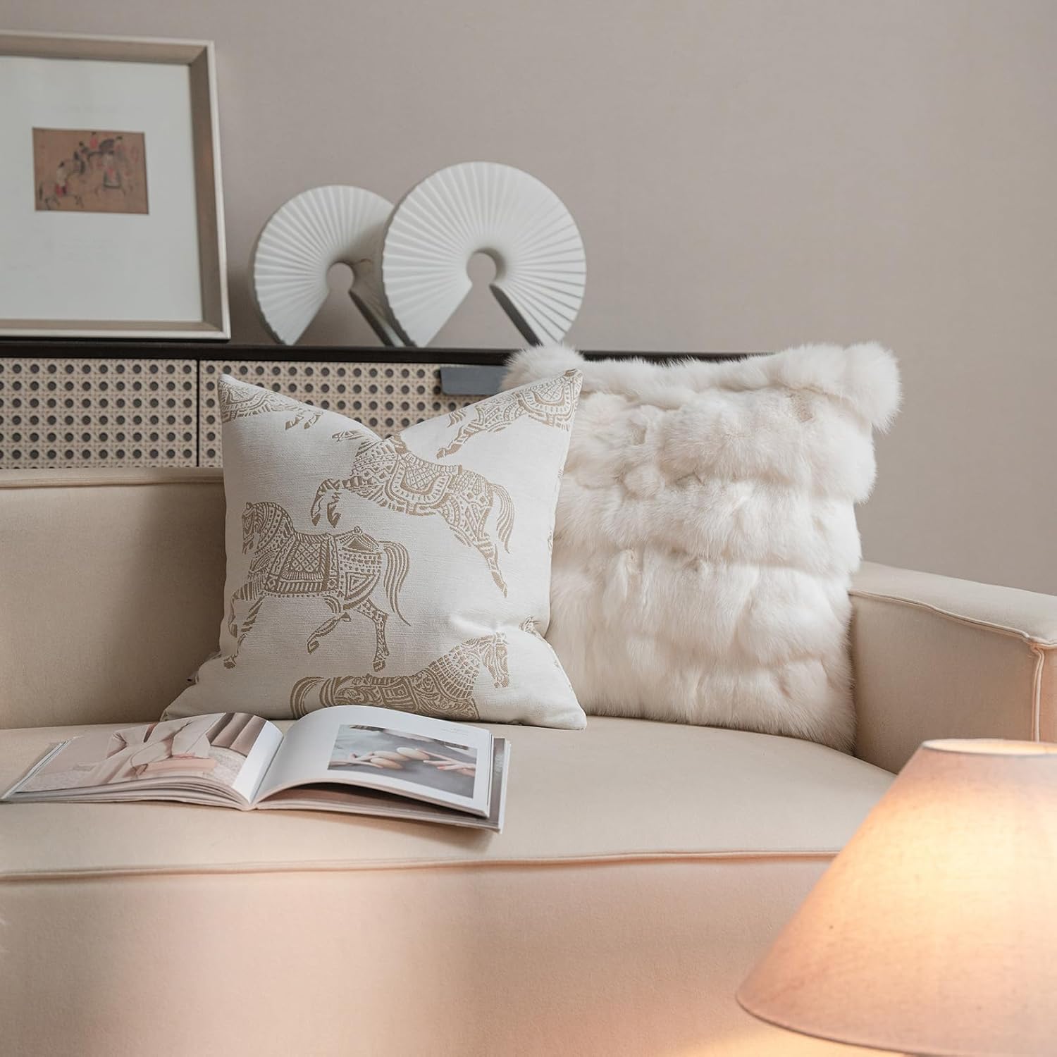 Croker Horse 20x20 inches Throw Pillow Cushion Cover - White Horse Chenille Jacquard Embroidery Couch Sofa Pillow Covers for Living Room Bedroom